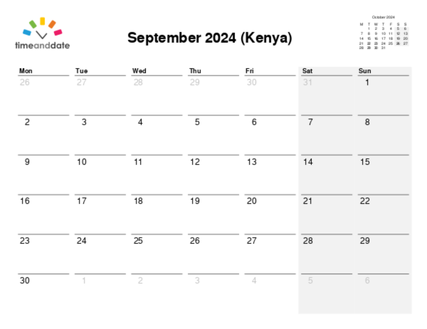 Calendar for 2024 in Kenya