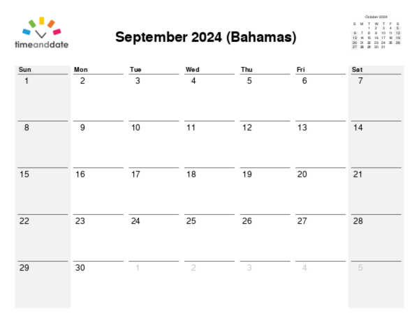 Calendar for 2024 in Bahamas