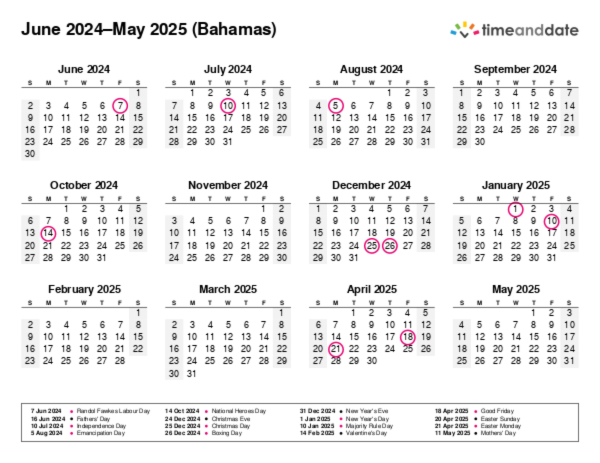 Calendar for 2024 in Bahamas