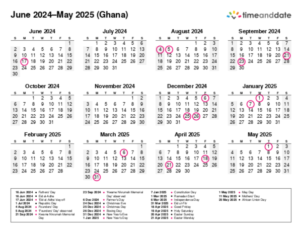 Calendar for 2024 in Ghana