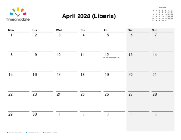 Calendar for 2024 in Liberia
