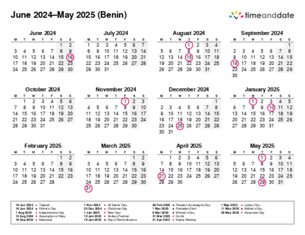 Calendar for 2024 in Benin