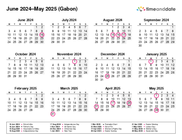 Calendar for 2024 in Gabon