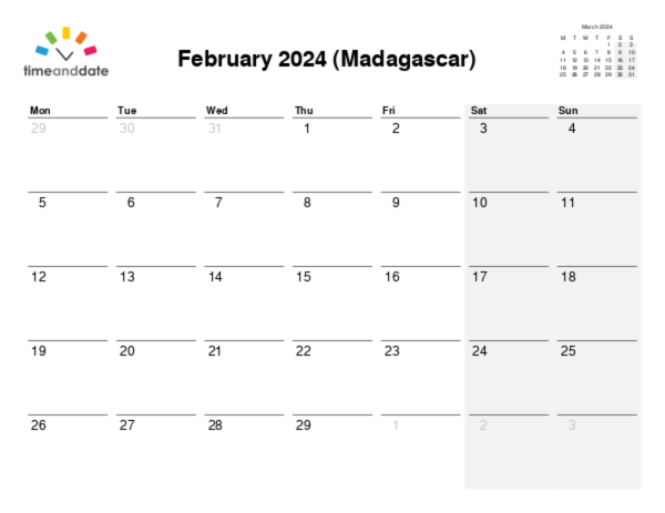 Calendar for 2024 in Madagascar