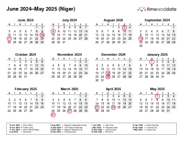 Calendar for 2024 in Niger