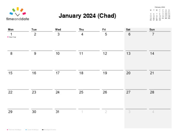 Calendar for 2024 in Chad
