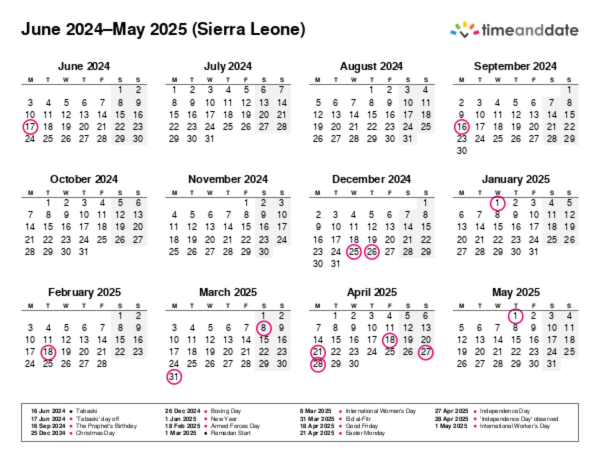 Calendar for 2024 in Sierra Leone