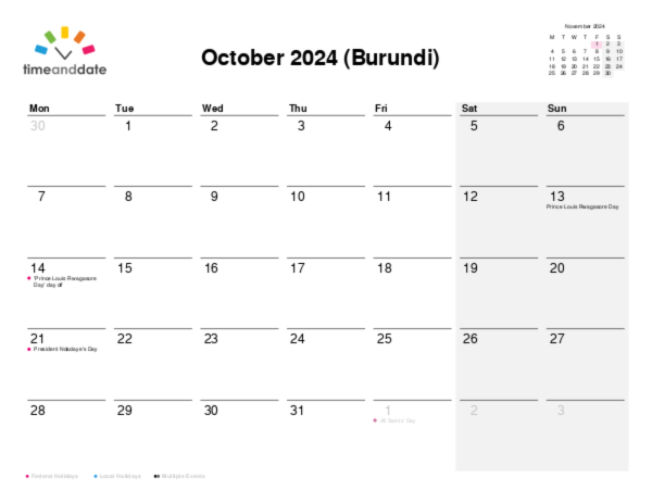 Calendar for 2024 in Burundi