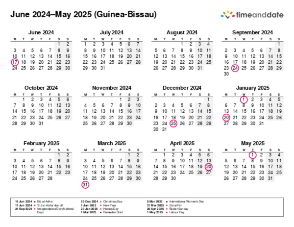 Calendar for 2024 in Guinea-Bissau