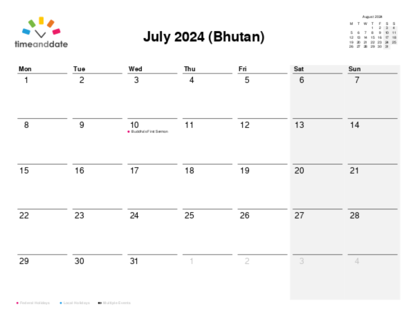Calendar for 2024 in Bhutan