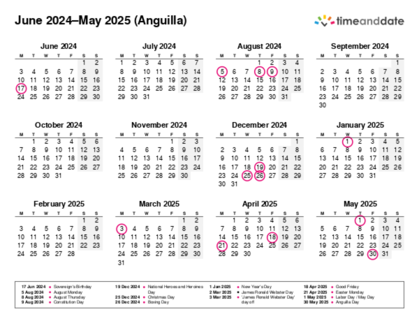 Calendar for 2024 in Anguilla