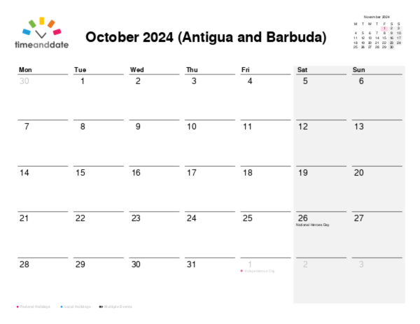 Calendar for 2024 in Antigua and Barbuda