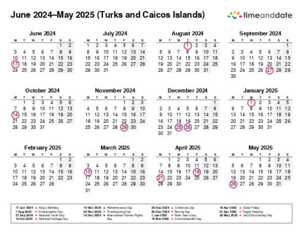 Calendar for 2024 in Turks and Caicos Islands