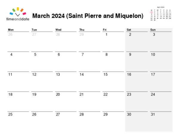 Calendar for 2024 in Saint Pierre and Miquelon