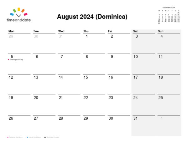 Calendar for 2024 in Dominica