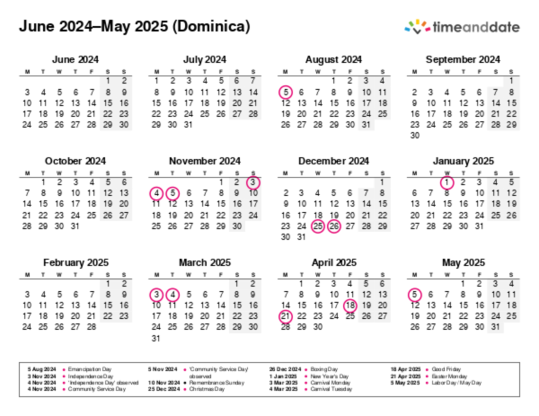 Calendar for 2024 in Dominica