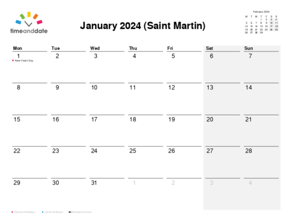 Calendar for 2024 in Saint Martin