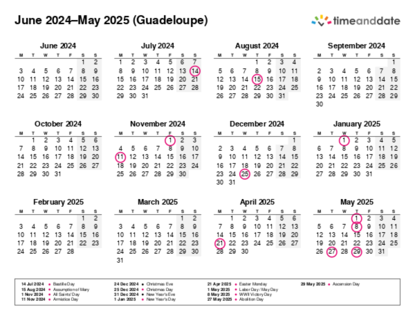 Calendar for 2024 in Guadeloupe