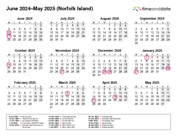 Calendar for 2024 in Norfolk Island