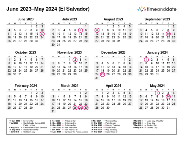 Calendar for 2023 in El Salvador