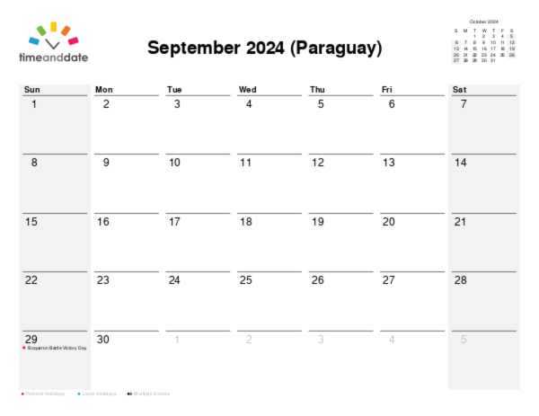 Calendar for 2024 in Paraguay