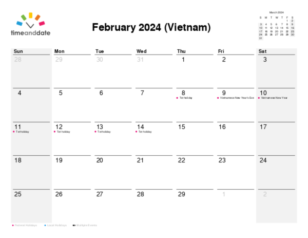 Calendar for 2024 in Vietnam