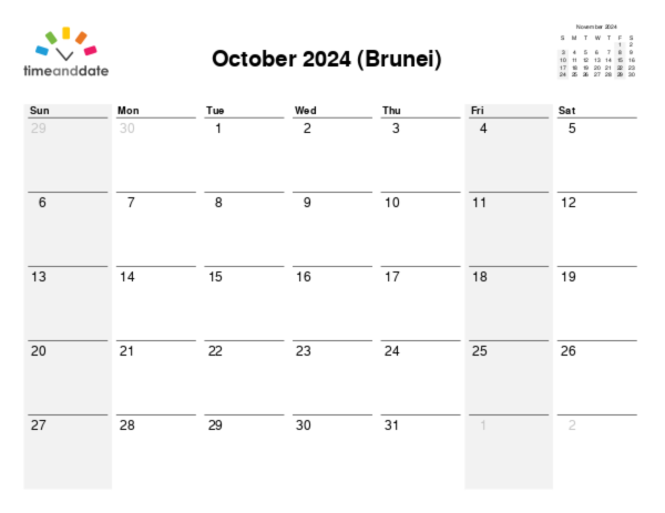 Calendar for 2024 in Brunei