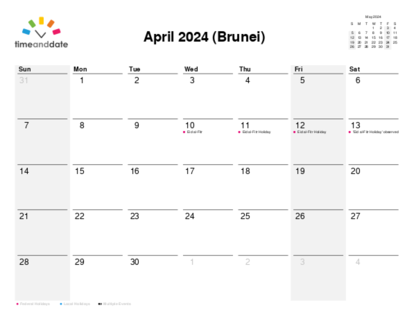 Calendar for 2024 in Brunei