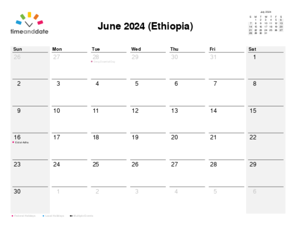 Calendar for 2024 in Ethiopia