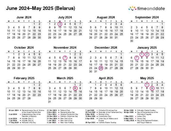 Calendar for 2024 in Belarus