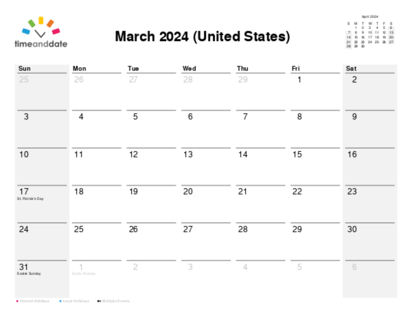 Calendar for 2024 in United States